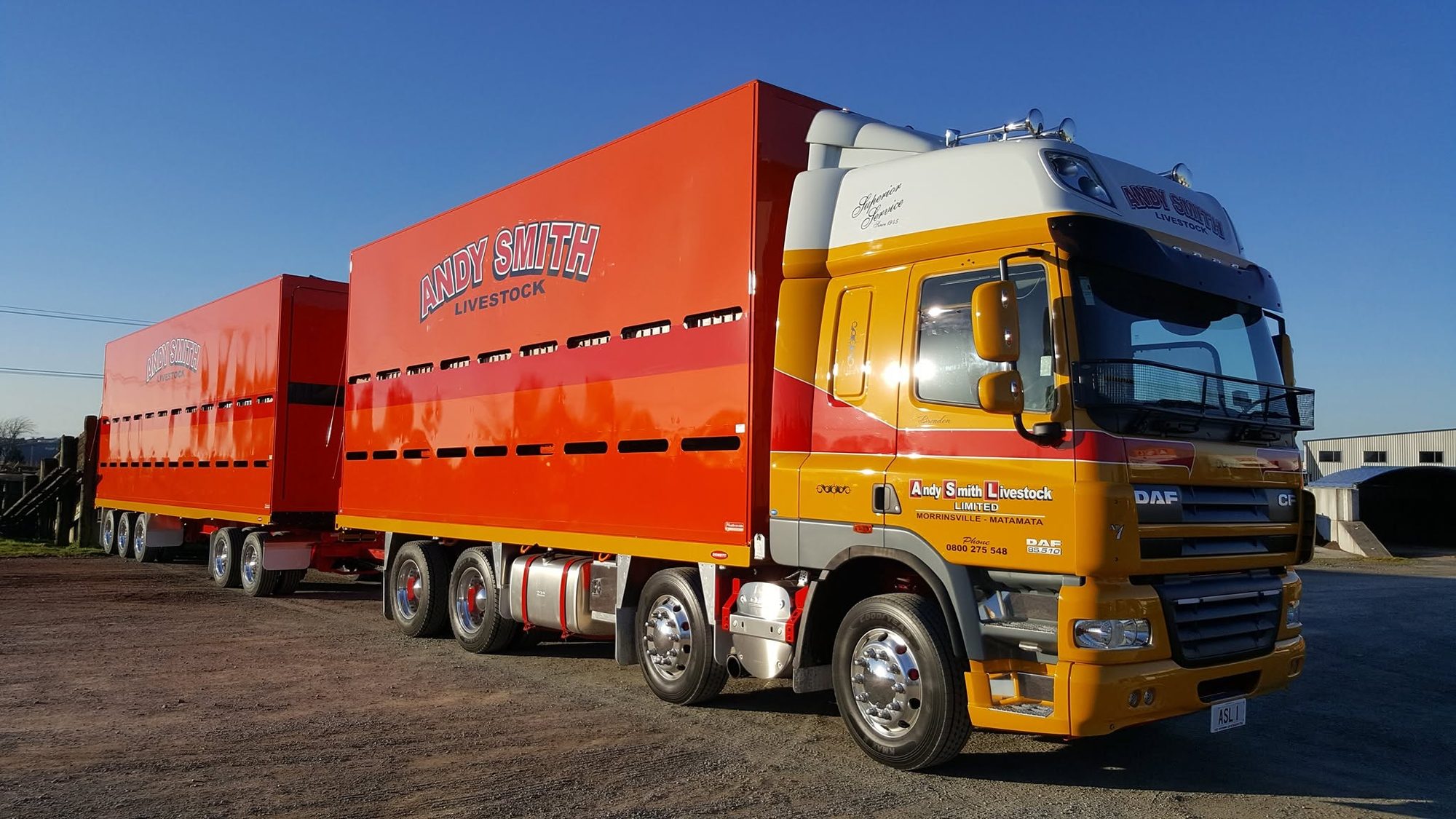 Andy Smith Livestock DAF CF truck and trailer with red stock crates and a yellow cab under a blue sky